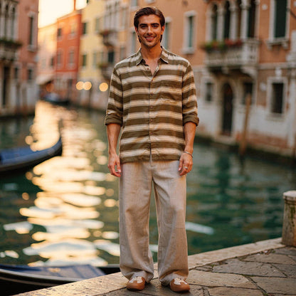 Lightweight summer trousers in light beige, featuring a relaxed fit, drawstring waist, and pockets, view