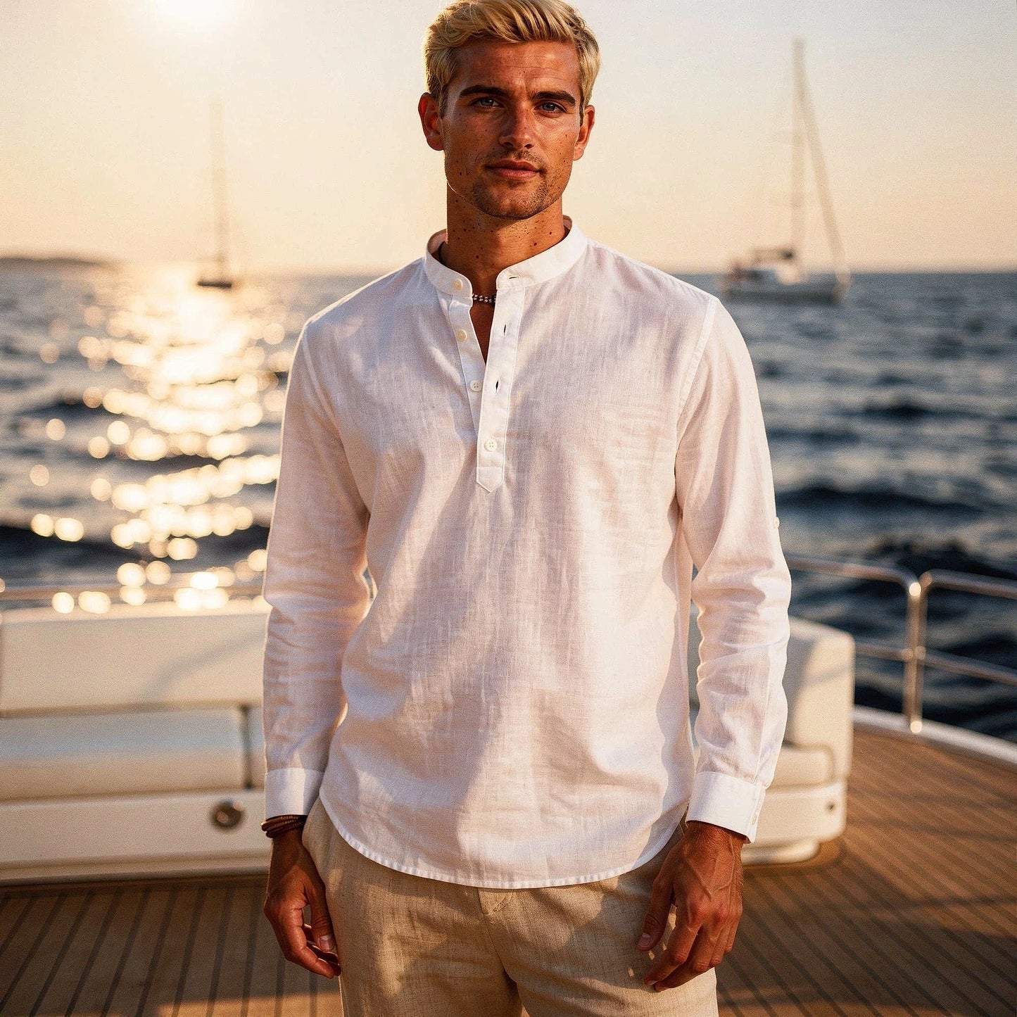 View of a lightweight casual henley shirt in soft green fabric, featuring a three button placket and long sleeves