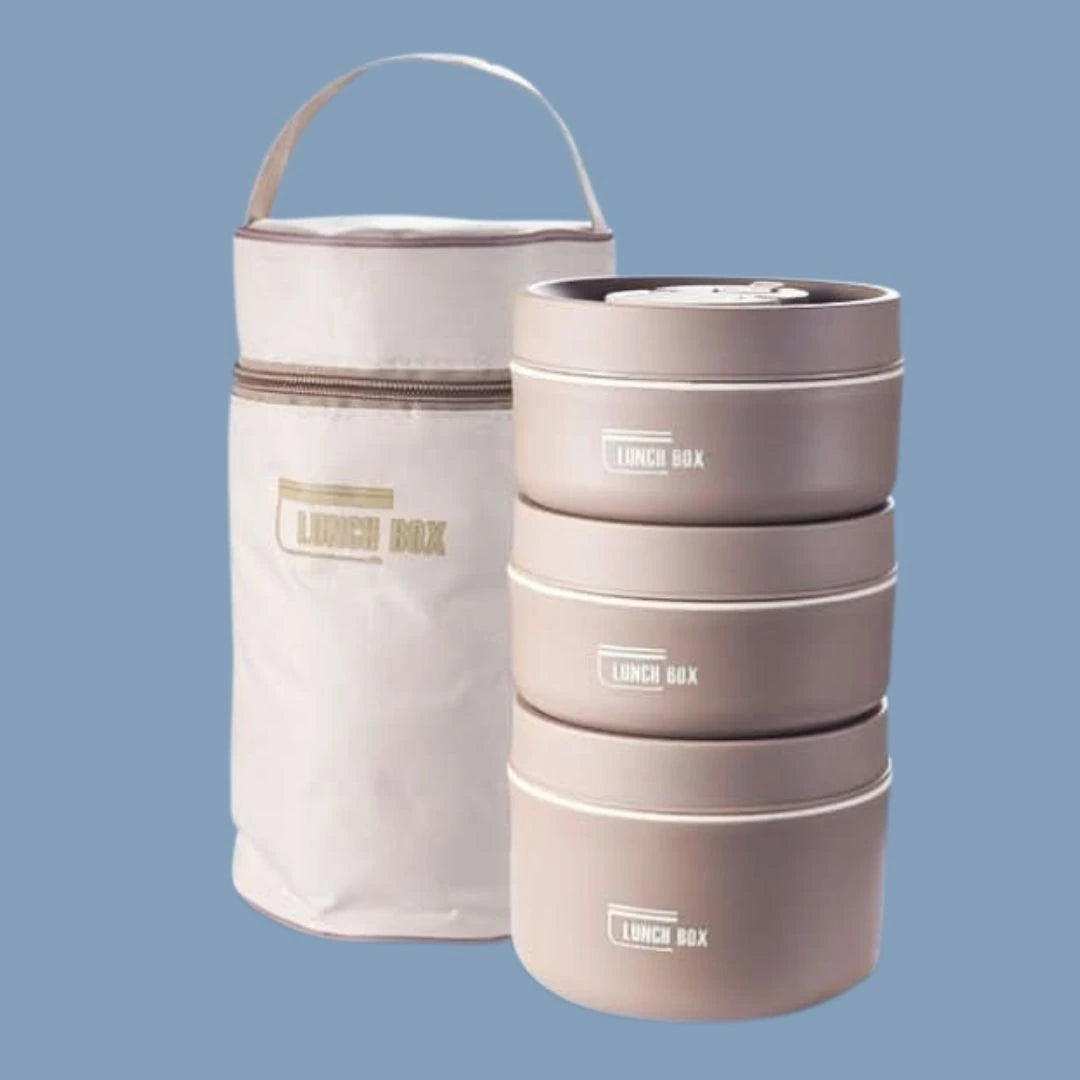 View of a chic insulated meal container set in a vibrant teal color, featuring a secure lid and convenient carrying handle