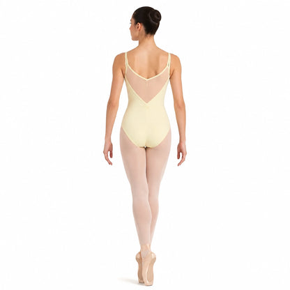 ballet leotard — Pale yellow deep V mesh back leotard view — view 2