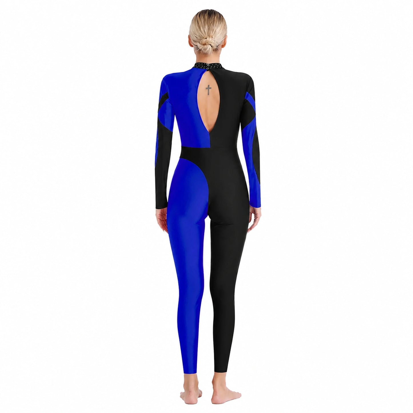 ballet leotard — Black and royal blue dance unitard open back view — view 6