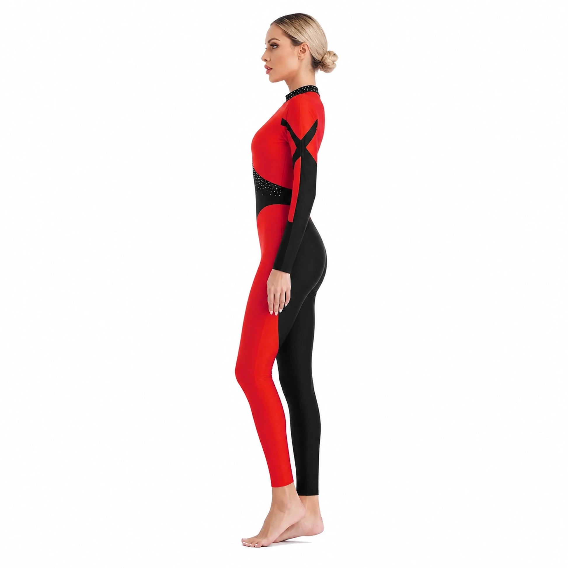ballet leotard — Black and red full length unitard side profile — view 7