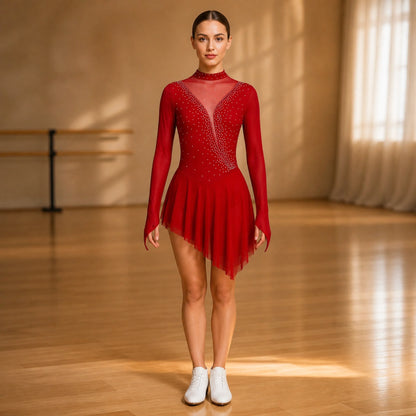 ballet leotard — Burgundy Mesh Yoke women's modern dance dress complete front view — view 20