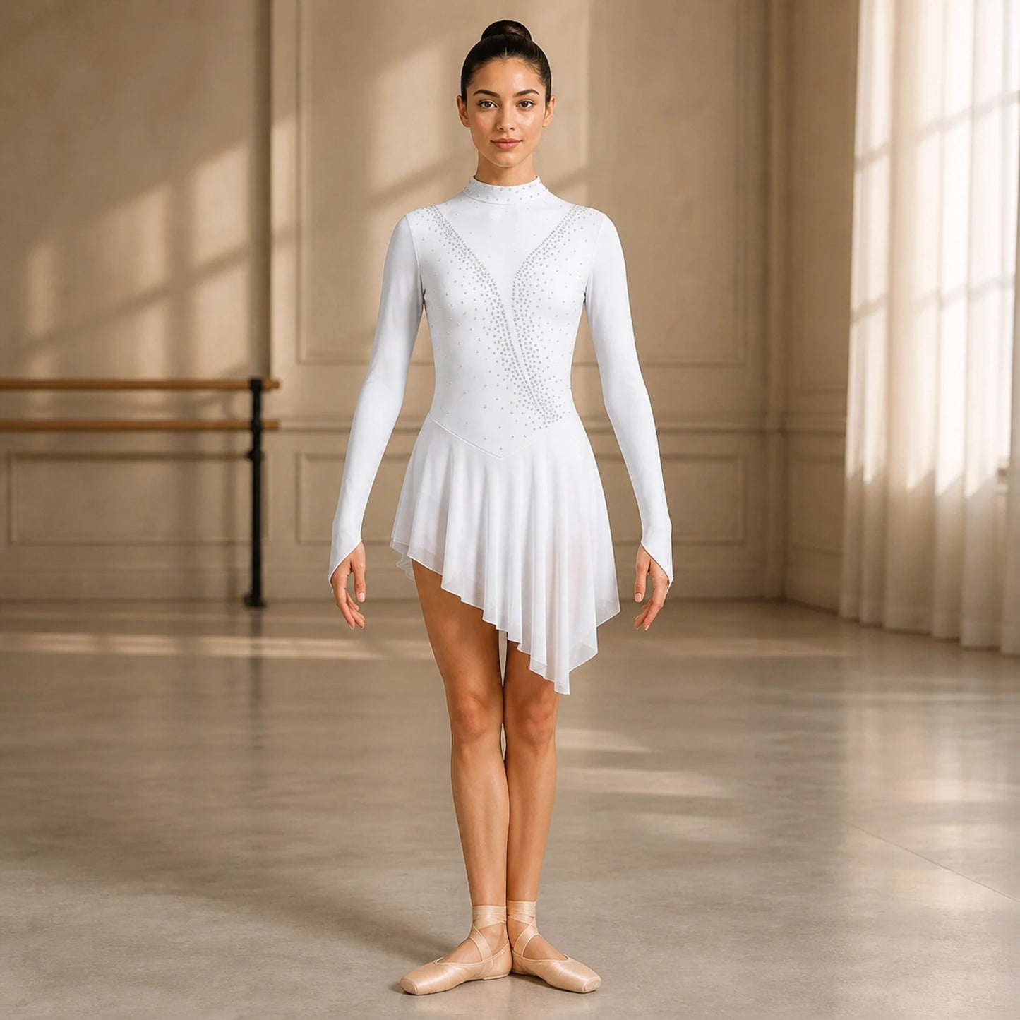 ballet leotard — White Mesh Yoke women's modern dance dress complete front view — view 24