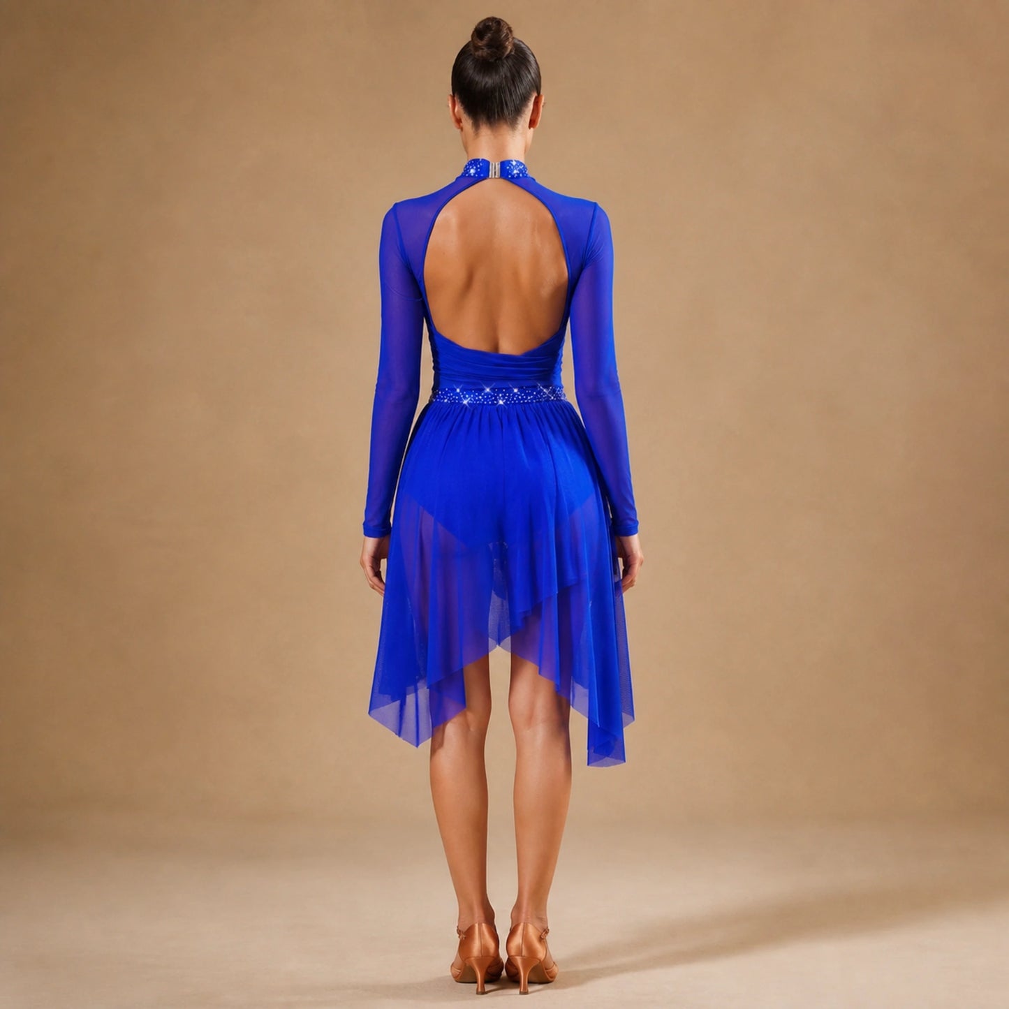 ballet leotard — Royal Blue High Low dance dress complete rear view — view 26