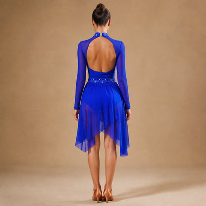 ballet leotard — Royal Blue High Low dance dress complete rear view — view 26