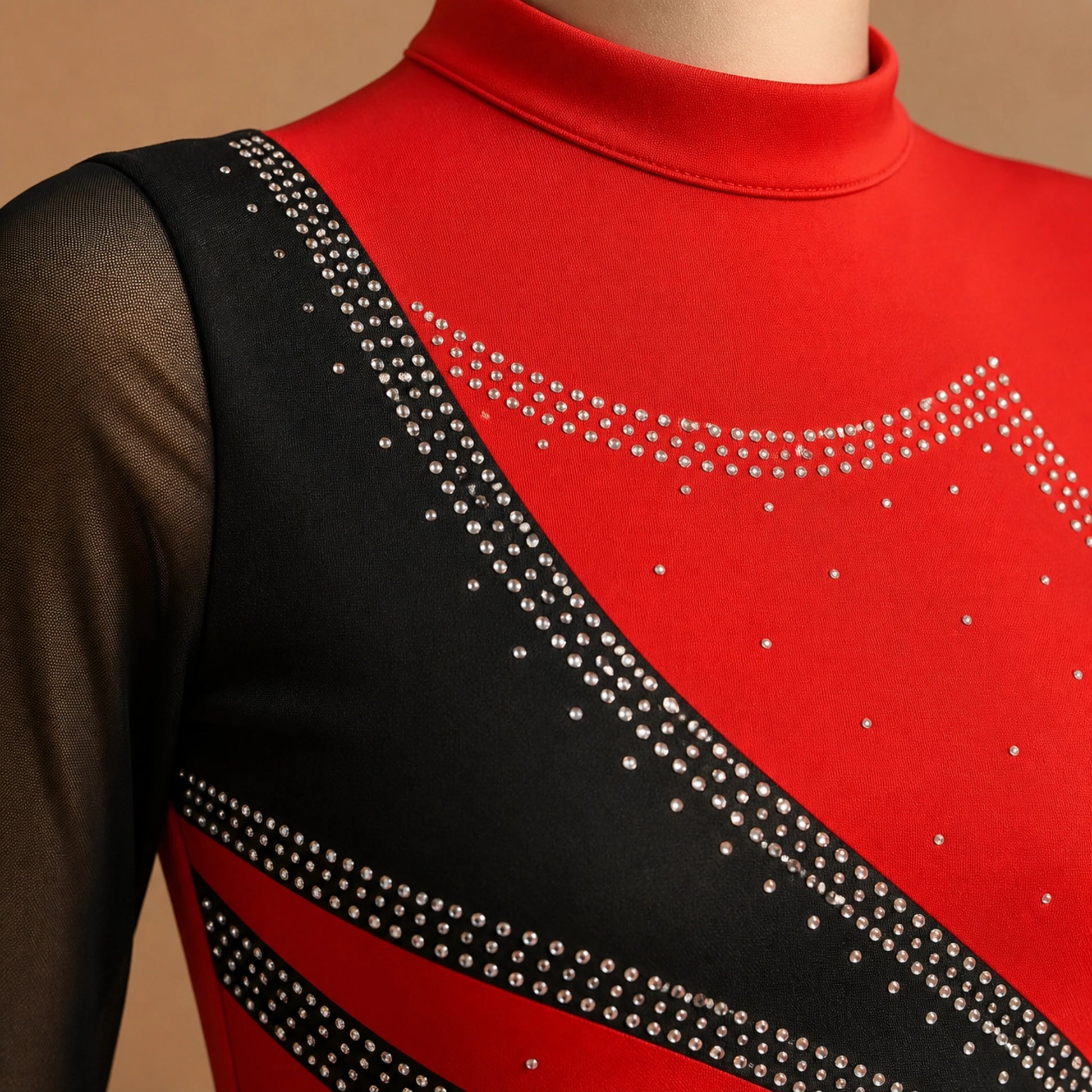 ballet leotard — Red Color Block dance dress rhinestone and fabric detail — view 28
