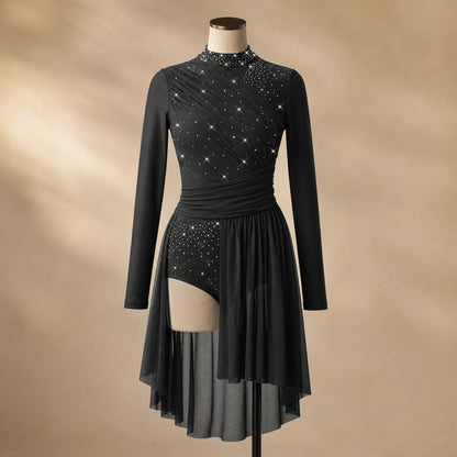 ballet leotard — Black High Low women's modern dance dress complete front view — view 8