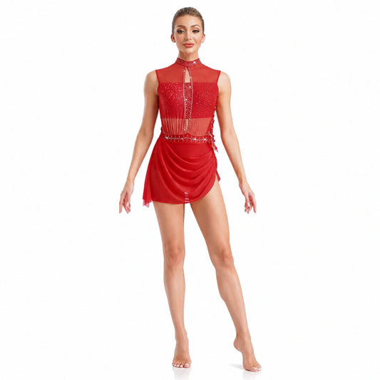 ballet leotard — Red Strappy Skirt women's dance costume front view