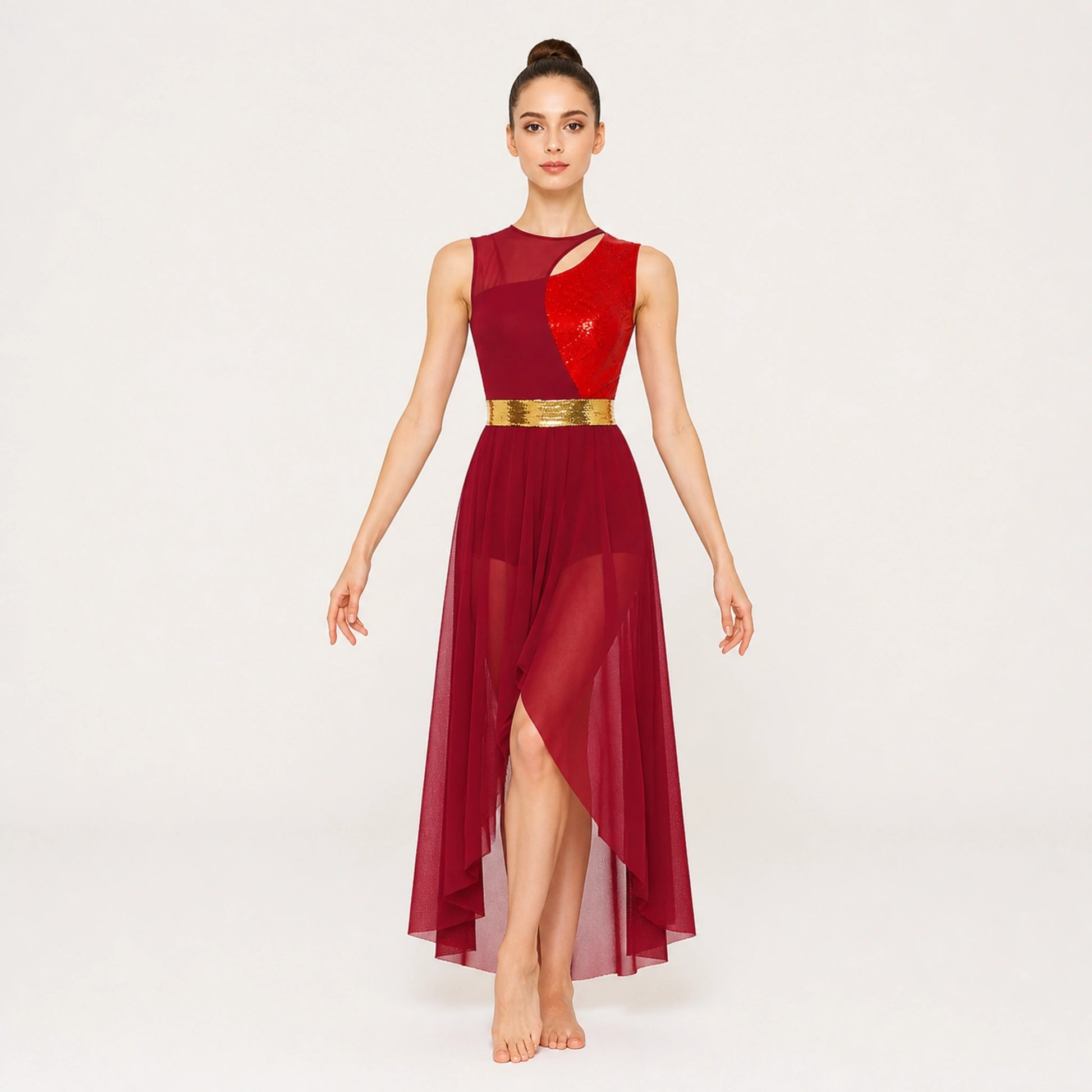 ballet leotard — Burgundy Gold Belt women's dance costume front view — view 14