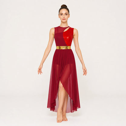 ballet leotard — Burgundy Gold Belt women's dance costume front view — view 14