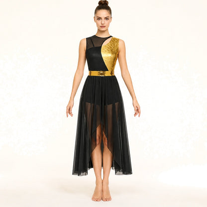 ballet leotard — Black Gold Belt women's dance costume front view — view 16