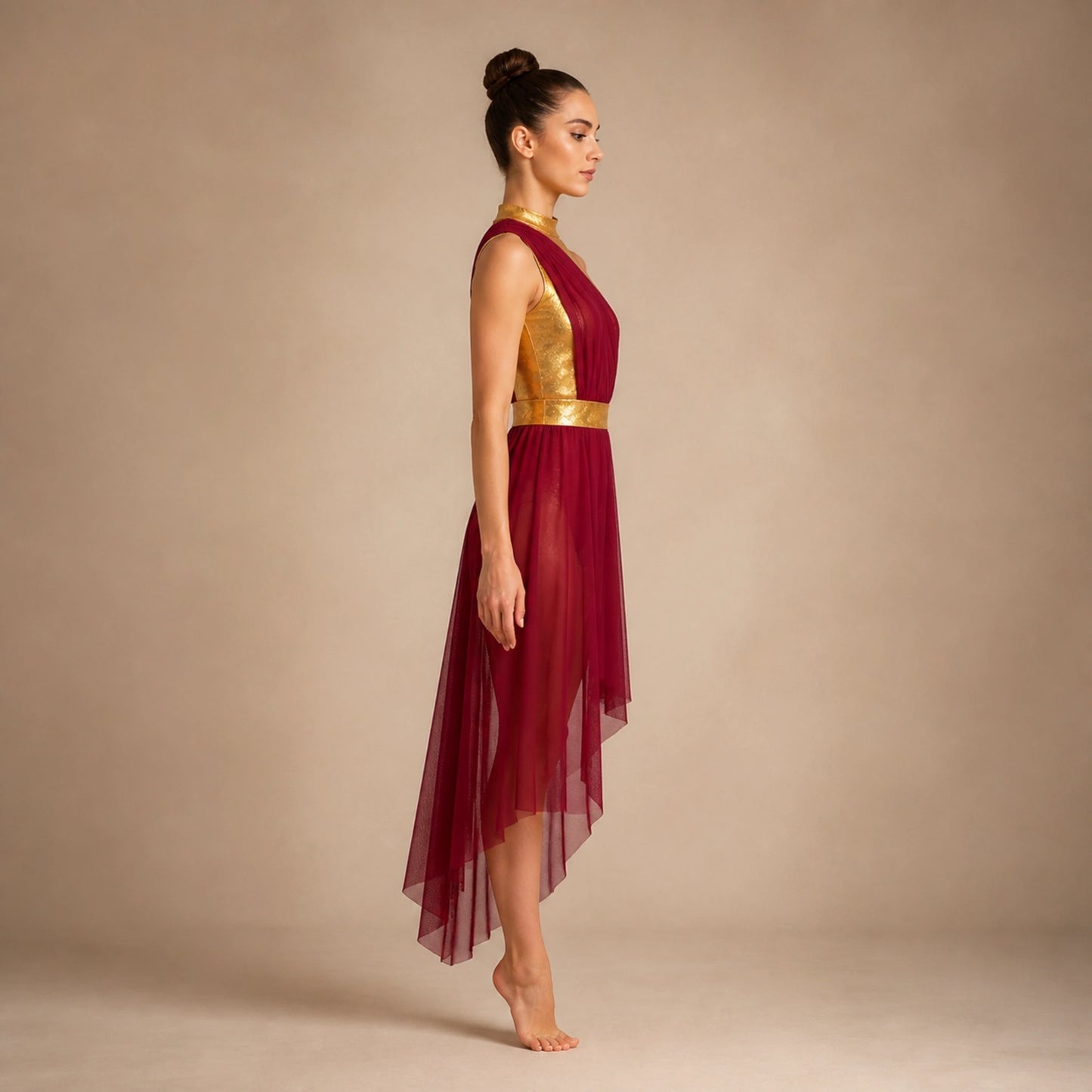 ballet leotard — Burgundy and gold long dance dress side view — view 18