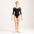 Black three quarter sleeve mesh ballet leotard front view