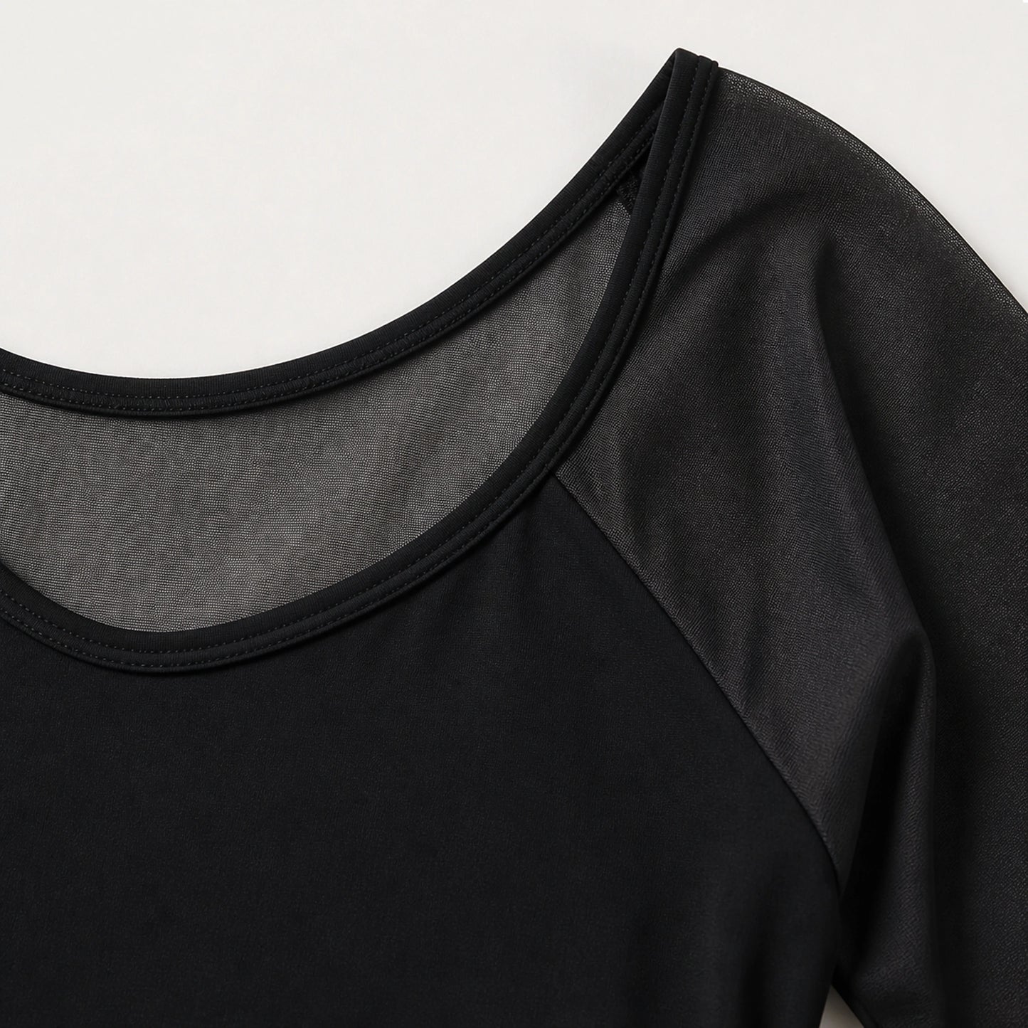 Black ballet leotard sheer mesh and neckline construction detail — view 4