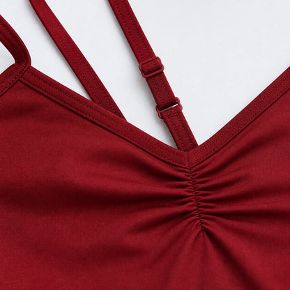 ballet leotard — Burgundy adjustable strap and gathered neckline construction detail — view 18
