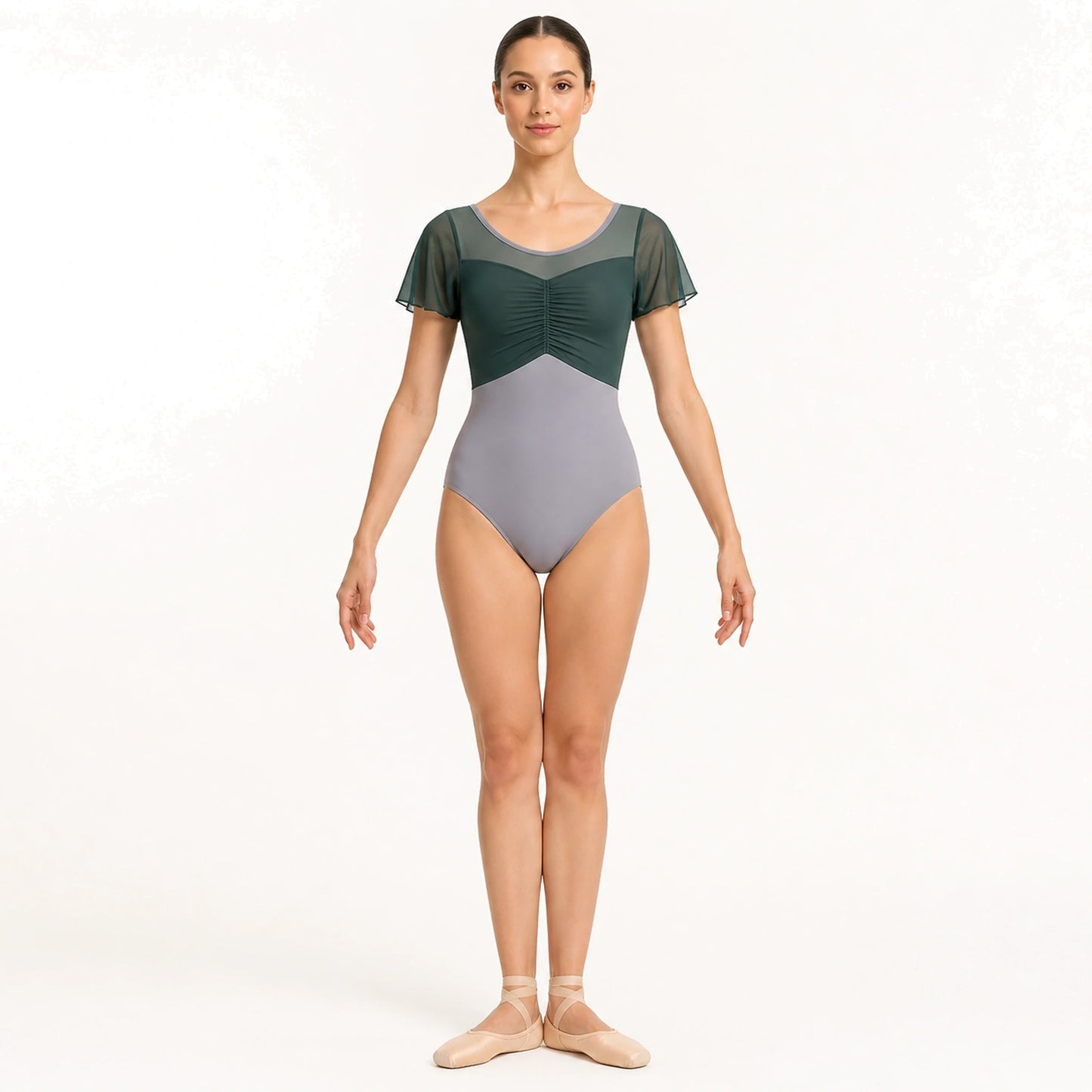 Forest green and gray ruffle sleeve ballet leotard front view — view 3