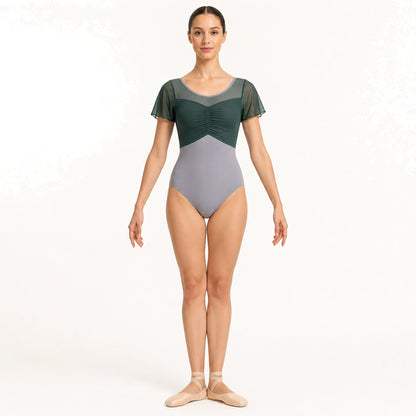 Forest green and gray ruffle sleeve ballet leotard front view — view 3