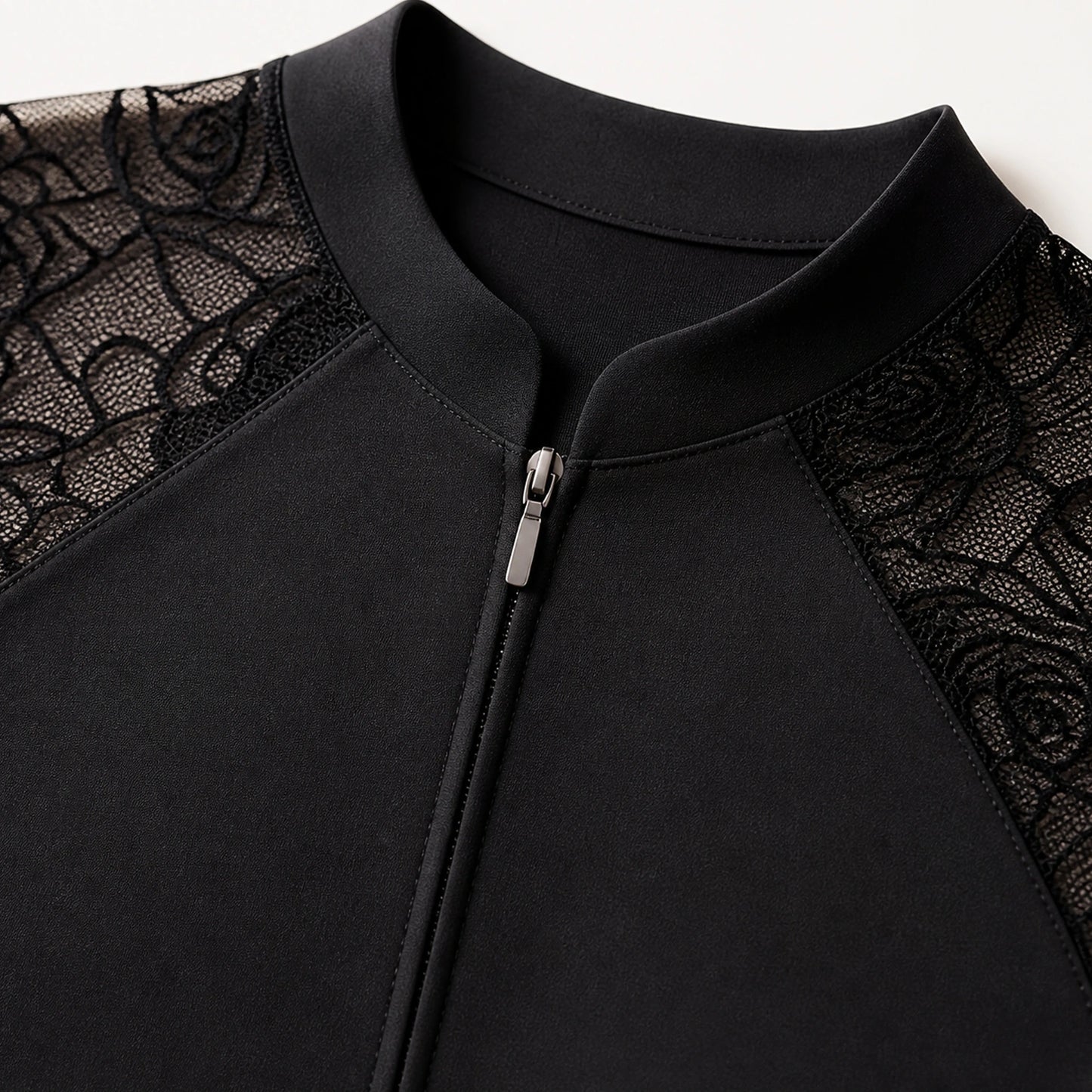 Black ballet leotard floral lace collar and zipper detail — view 4