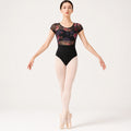 Black floral mesh open back ballet leotard front view