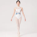 White floral halter ballet leotard front view on an adult woman