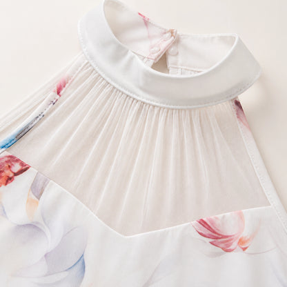 White floral ballet leotard pleated mesh collar detail — view 4