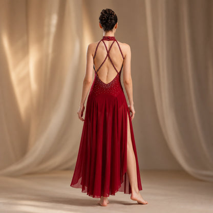 ballet leotard — Burgundy strappy long dance dress rear view — view 12