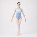 Light blue and gray wrap bodice ballet leotard front view
