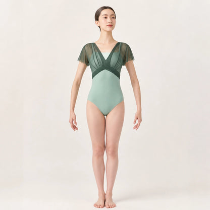 Sage and forest green wrap bodice ballet leotard front view — view 4