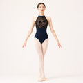 Navy blue flocked mesh halter ballet leotard front view