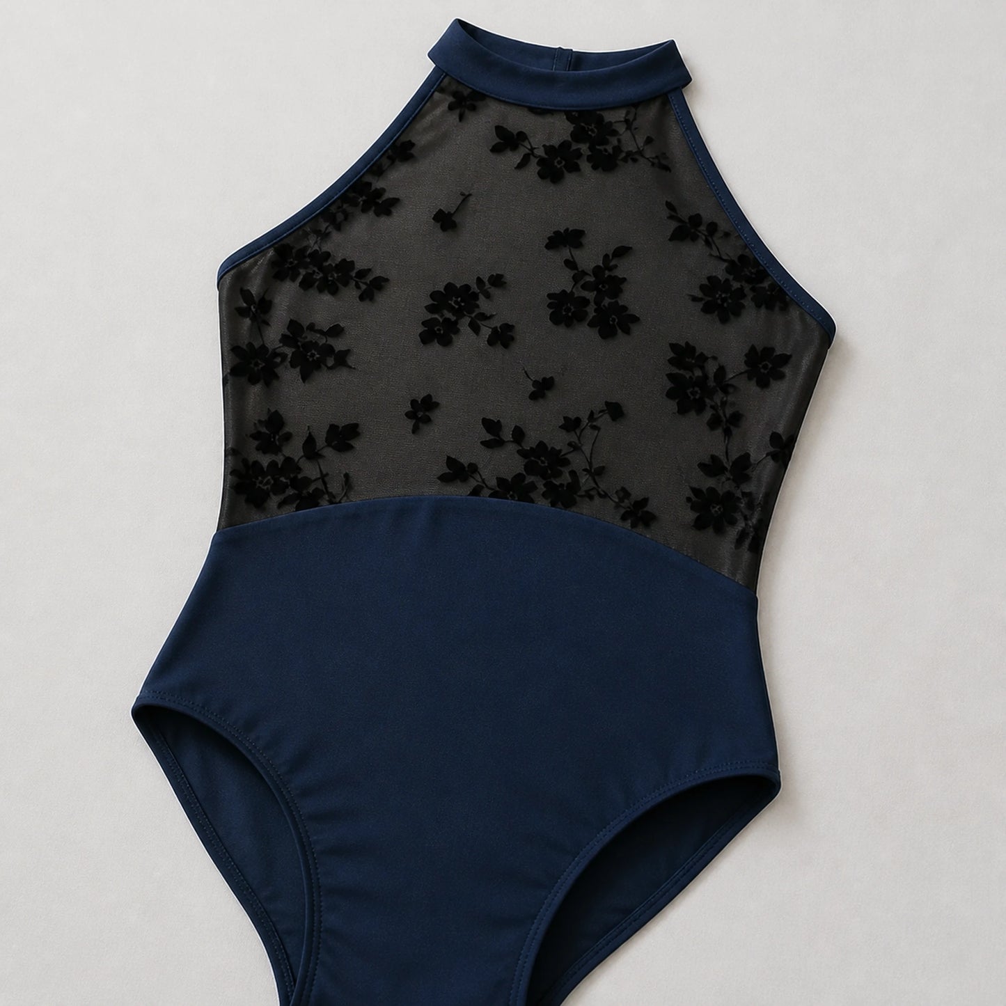 ballet leotard — Navy flocked mesh leotard material detail — view 5