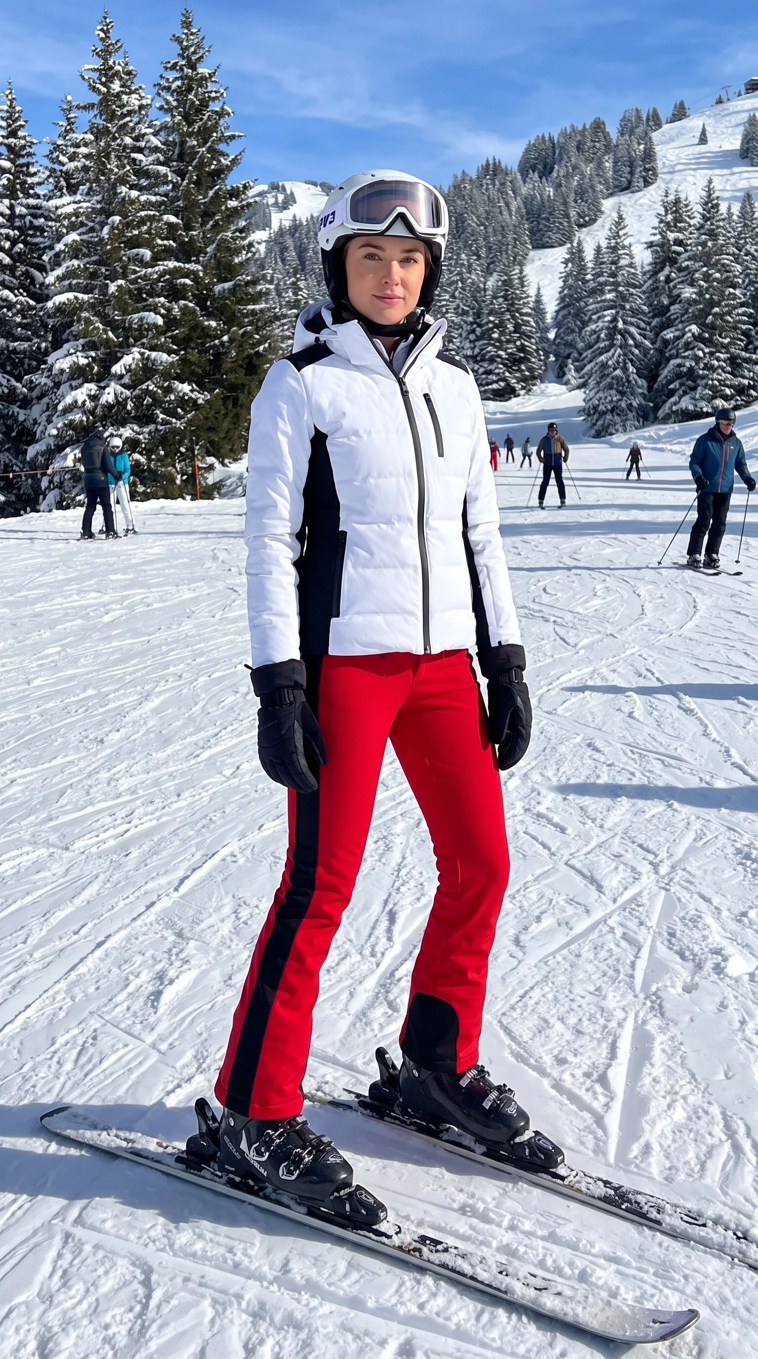 Close up view of the women's sleek waterproof winter ski pants showing high quality fabric, precise stitching, and a design ideal for winter sports.