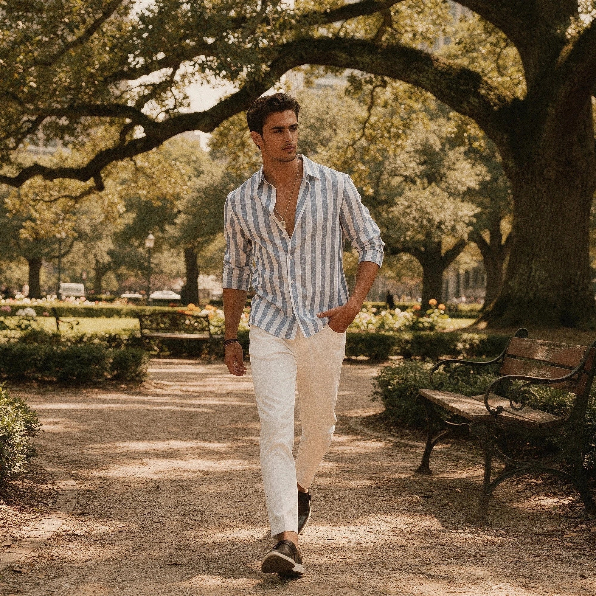 View of a relaxed short sleeve shirt featuring horizontal stripes in shades of blue and white, made
