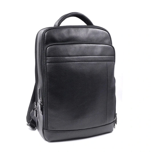 View of a sleek genuine leather backpack featuring a fingerprint lock, showcasing its elegant design and rich texture