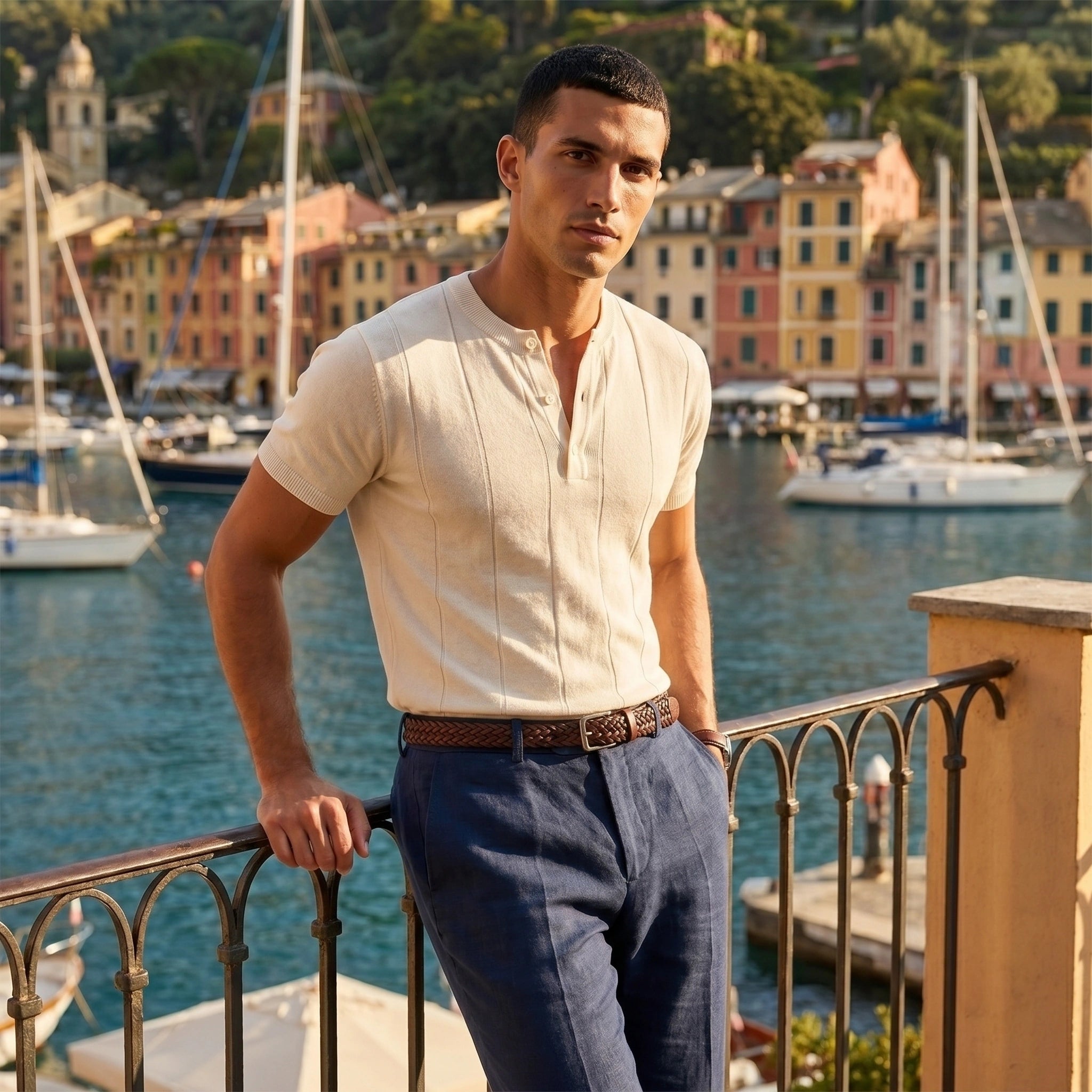 Close up view of the Mens Relaxed Luxury Summer Tee showing its soft fabric, refined stitching, and drape, emphasizing its sophisticated leisurewear design.