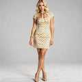 Light pink mini dress with short sleeves and a fitted waist, featuring a flared skirt, view