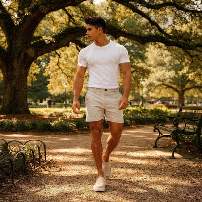 View of men's athletic fit stretch chino shorts in light beige, featuring pockets and a smooth fabric texture