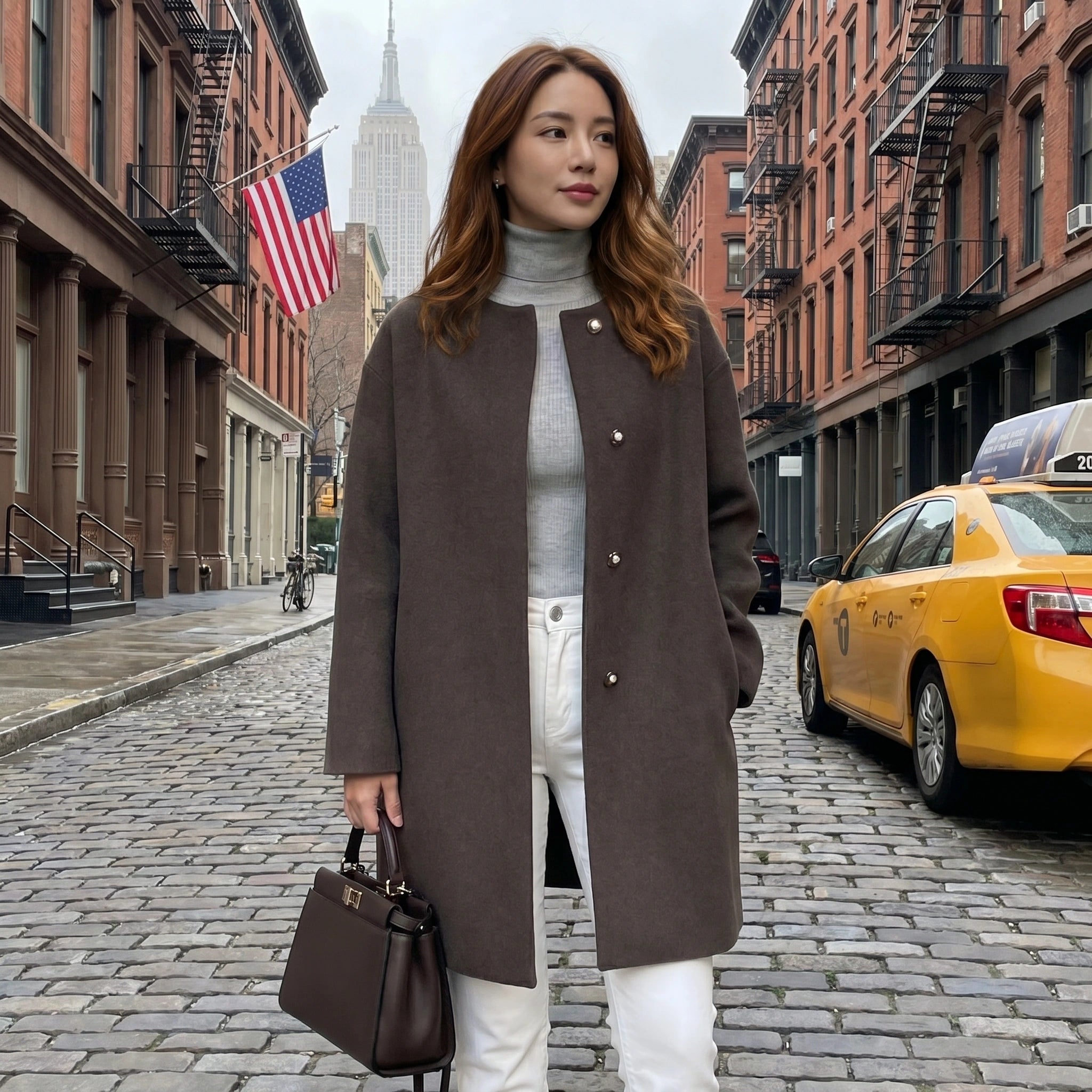 Close up view of the Womens Polished Minimalist Winter Coat showing the luxurious fabric texture and precise stitching details against a neutral background.