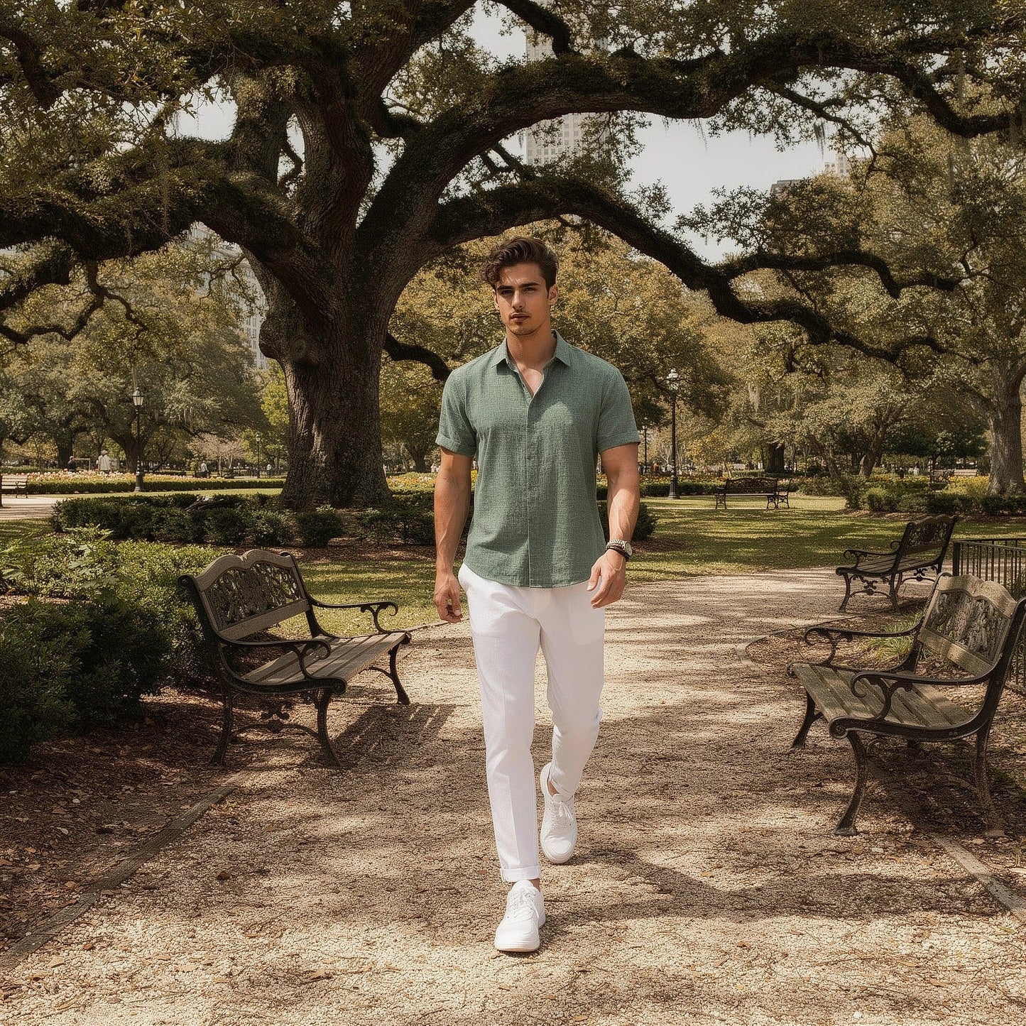 Light blue short sleeve shirt made of breathable cotton, featuring a relaxed fit and button down collar, view