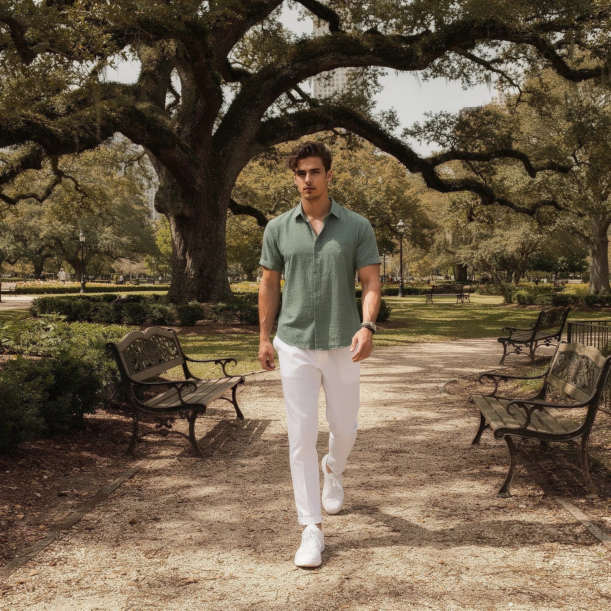 Light blue short sleeve shirt made of breathable cotton, featuring a relaxed fit and button down collar, view