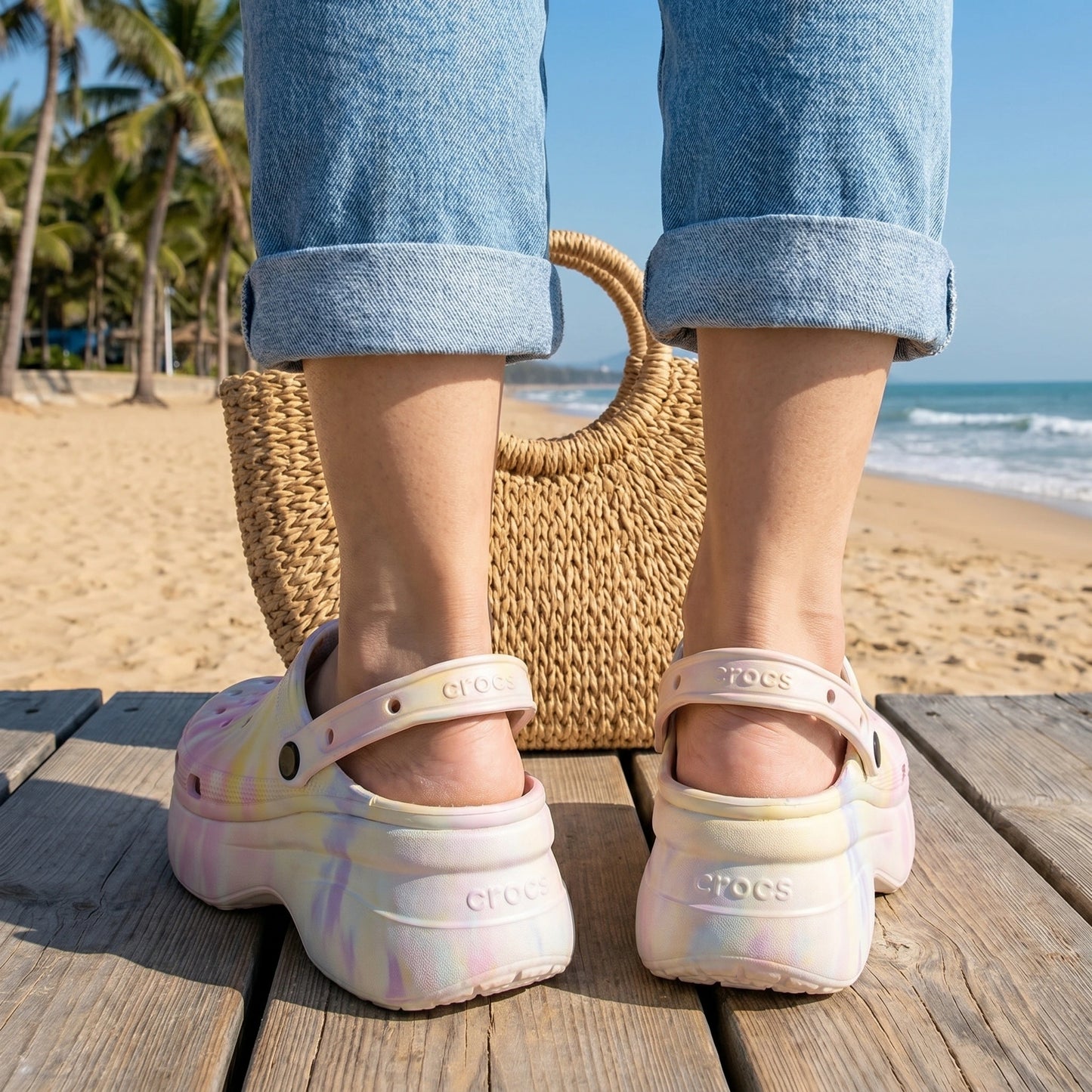 Back view of a model wearing Womens Summer Clogs in a neutral tone, showing the sleek design and construction details against a soft, blurred background.