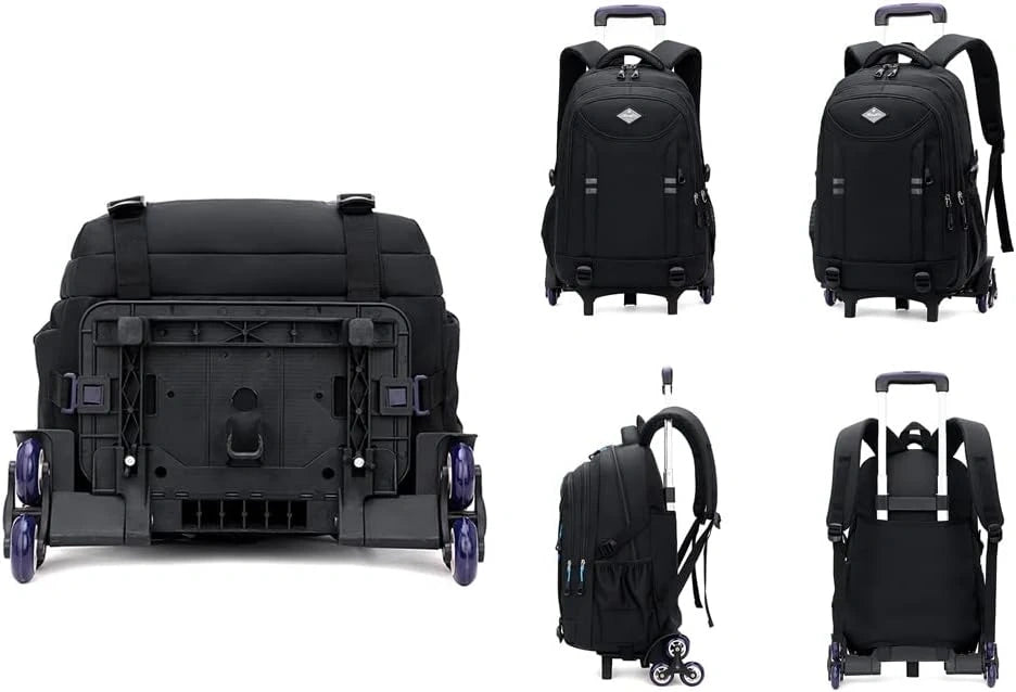View of a durable rolling school backpack for boys, featuring a sleek black design and sturdy wheels for easy transport