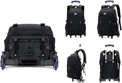 View of a durable rolling school backpack for boys, featuring a sleek black design and sturdy wheels for easy transport