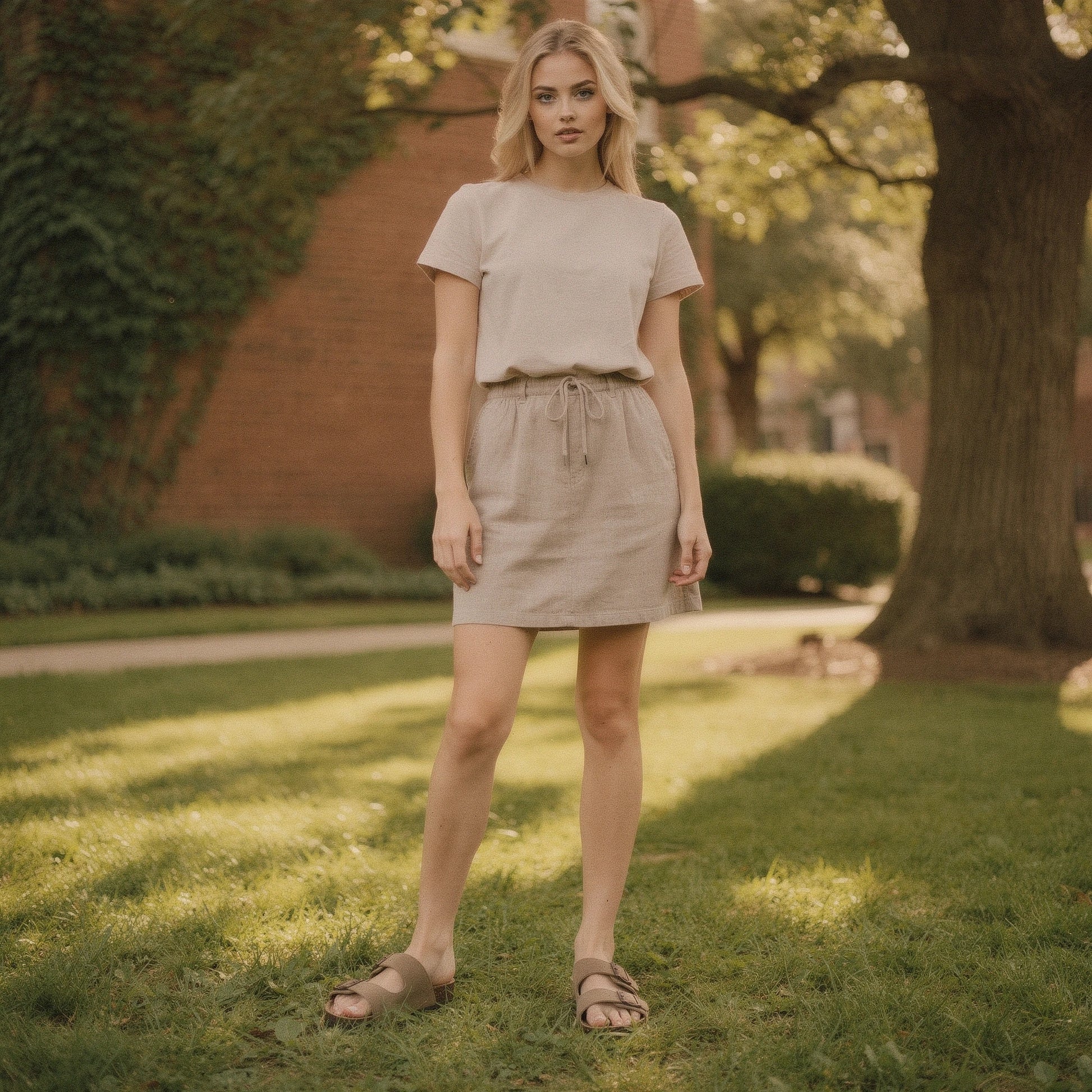 View of relaxed summer sandals in light beige, featuring a soft fabric upper and adjustable straps for comfort