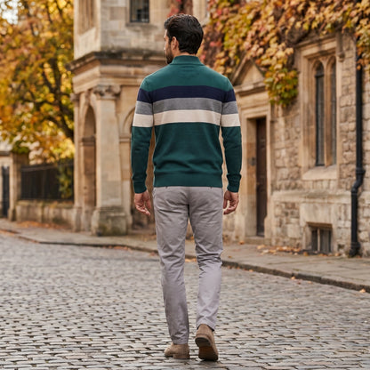 Close up view of the men's ribbed knit sweater showing the textured fabric, quarter zip , and refined stitching in a classic striped pattern.