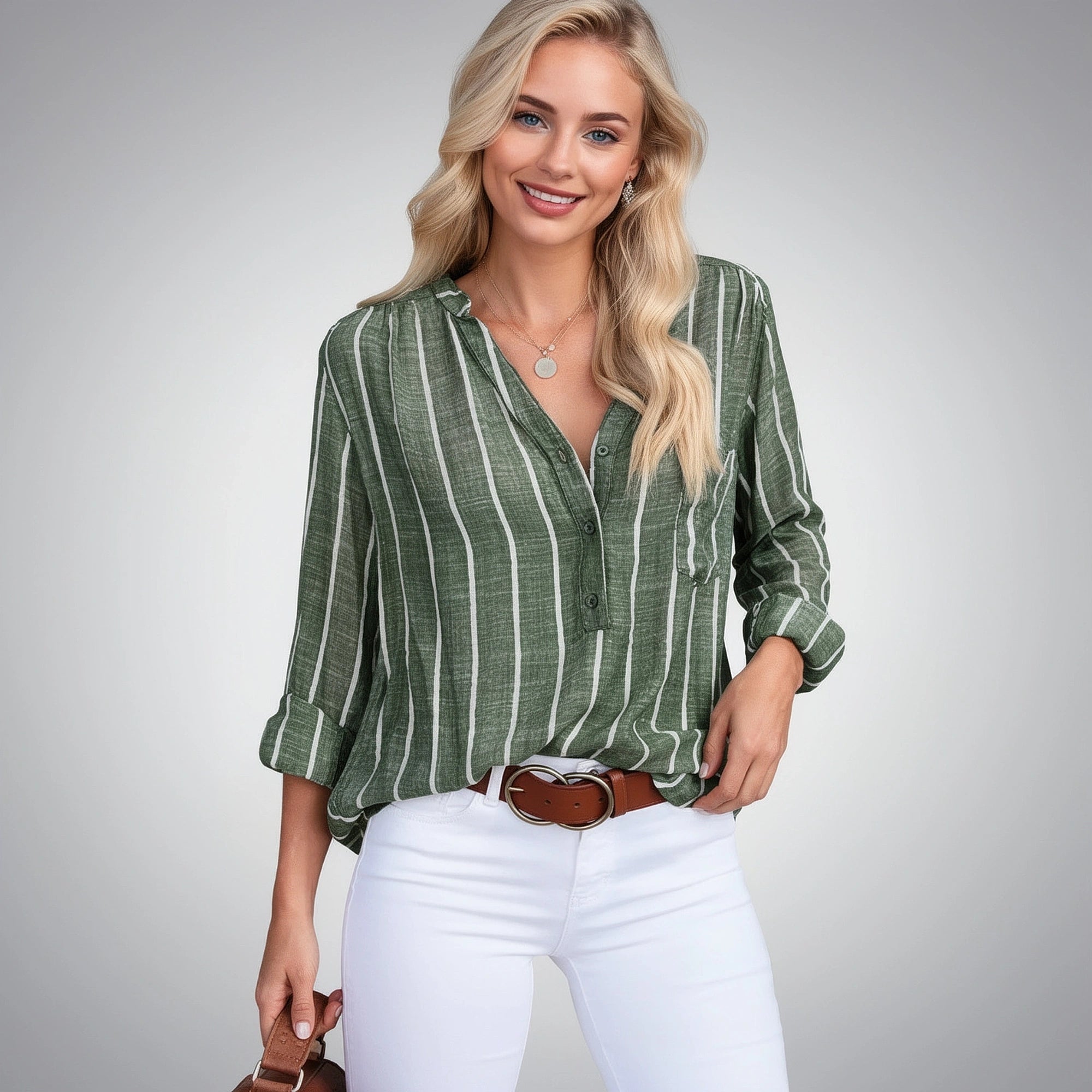 View of a relaxed striped blouse featuring soft fabric, light blue and white stripes, and a loose fit