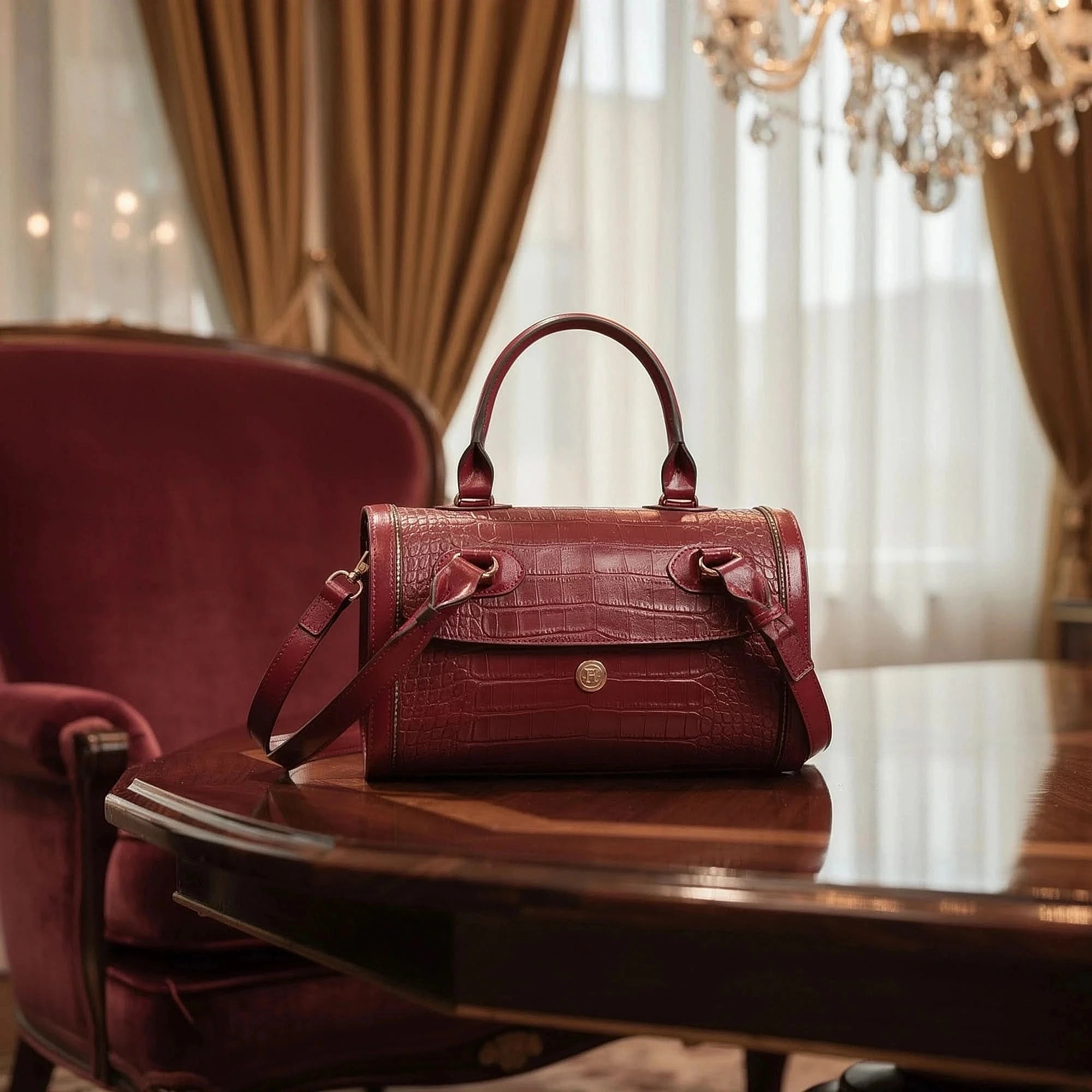 View of a stylish crocodile embossed crossbody shoulder bag in deep green, featuring an adjustable strap and sleek design