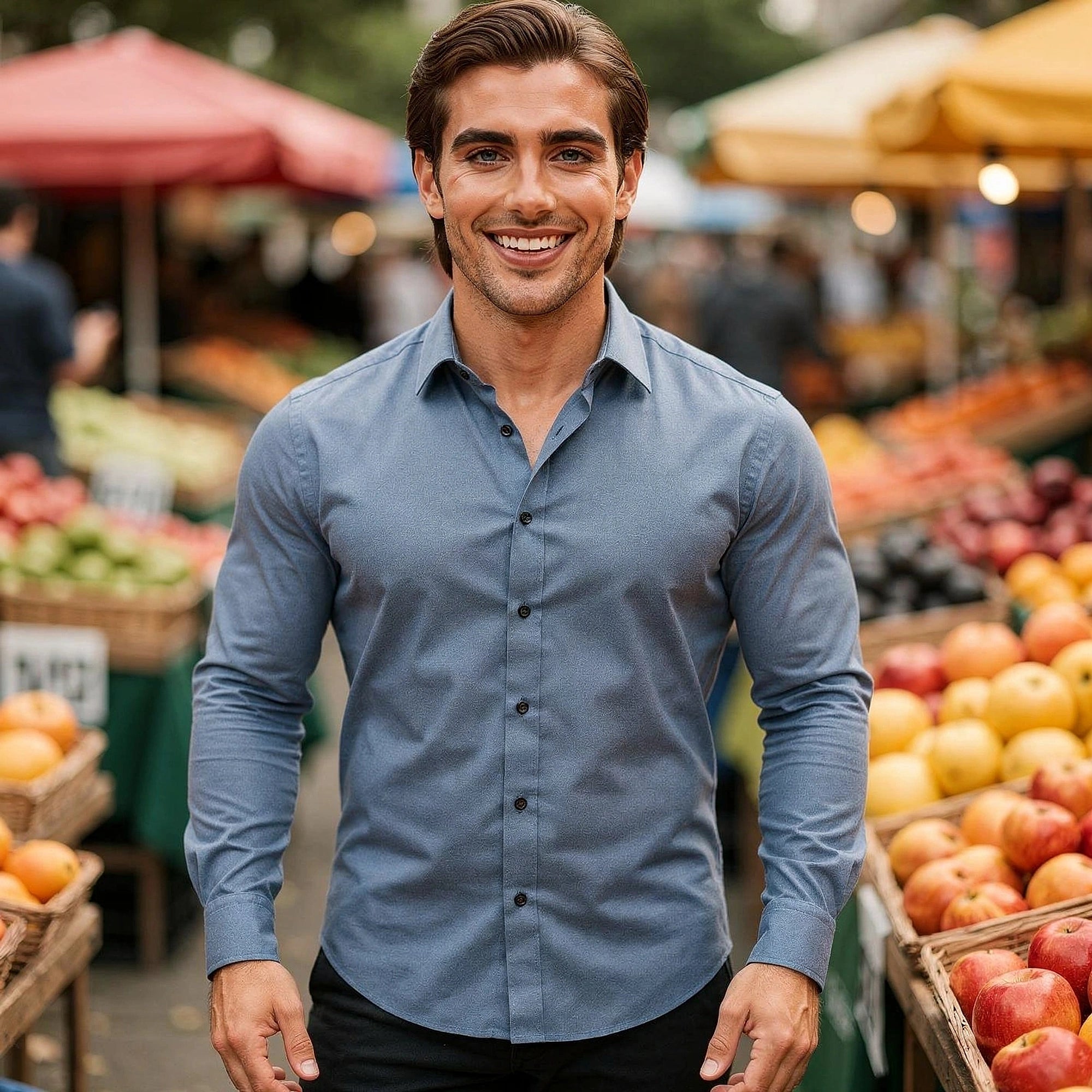 View of a light blue tailored shirt made from soft cotton, featuring a modern collar and subtle stitching