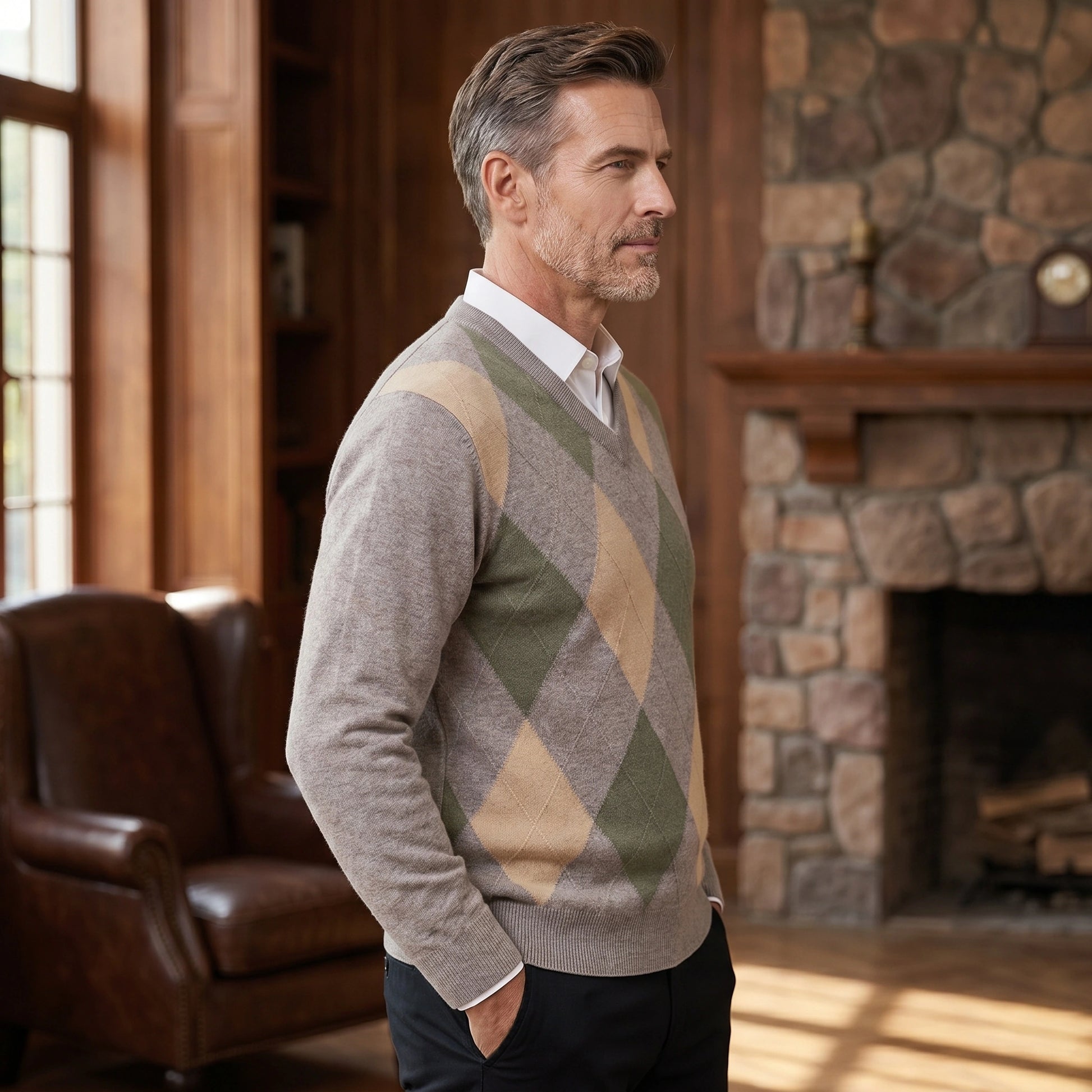 Close up view of the Men's Classic Refined Argyle V Neck Sweater showing the intricate stitching and soft fabric texture against a neutral background.