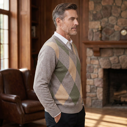 Close up view of the Men's Classic Refined Argyle V Neck Sweater showing the intricate stitching and soft fabric texture against a neutral background.